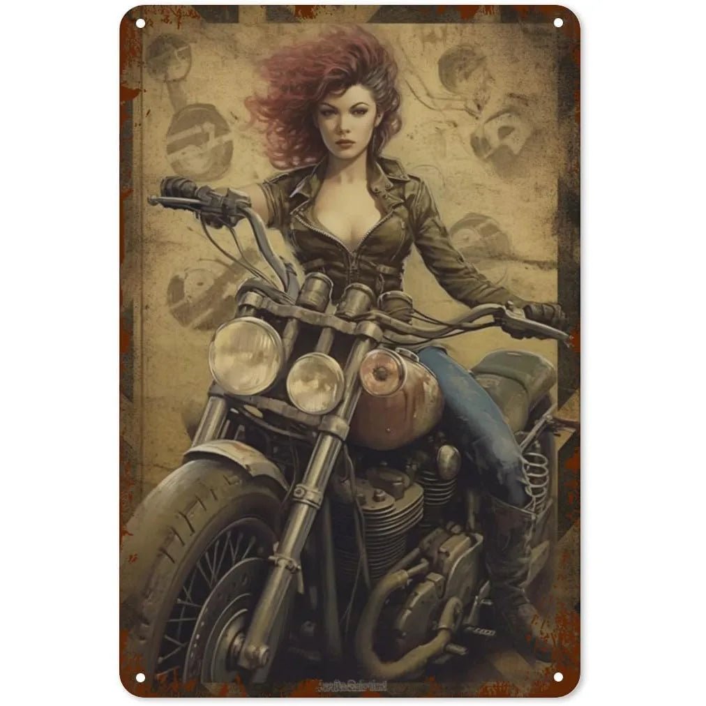 Motorcycle Pinup Girl Metal Tin Signs Reproduction Vintage Wall Decor Retro Art Tin Sign Funny Decorations for Home Bar Pub Cafe