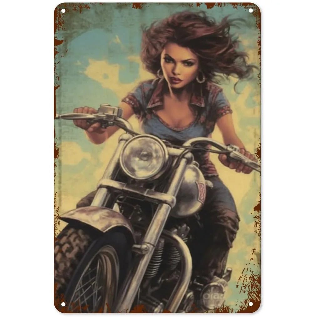 Motorcycle Pinup Girl Metal Tin Signs Reproduction Vintage Wall Decor Retro Art Tin Sign Funny Decorations for Home Bar Pub Cafe