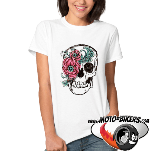 tee-shirt femme moto tendance mode tête de mort pink skull helmet